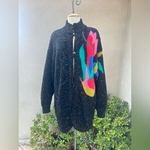Vintage 80s New Wave cardigan sweater black wool colorful design Large Garbo